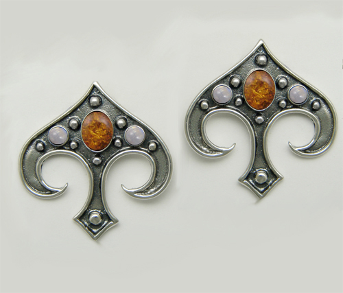 Sterling Silver Gothic Inspired Drop Dangle Earrings With Amber And Rainbow Moonstone